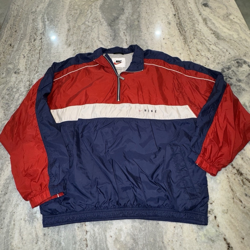 VTG 90's Nike Men's Large 1/4 Zip Lined Red Blue White Windbreaker Jacket Sport